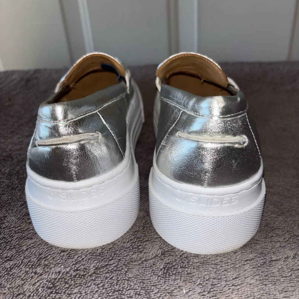 J/Slides Silver Metallic Platform Penny Loafers